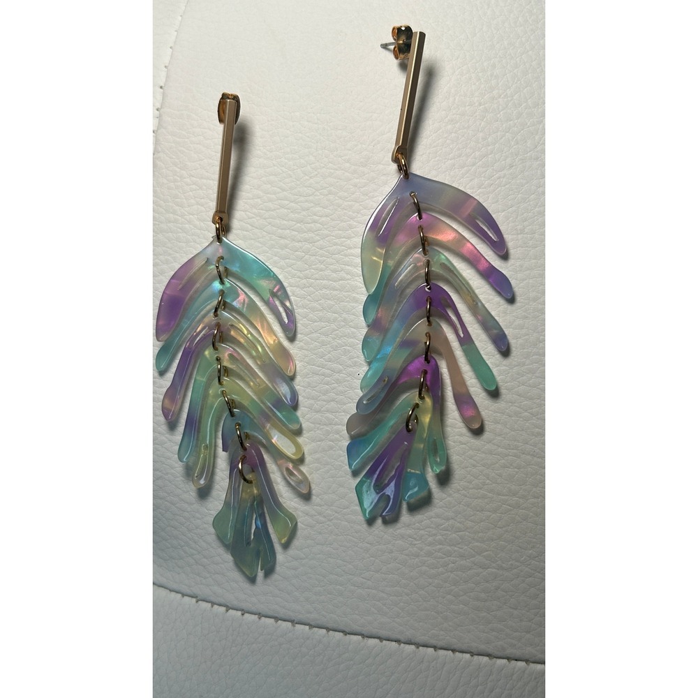 Iridescent Leaf Dangle Earrings Resin Pastel Statement Festival Boho‎